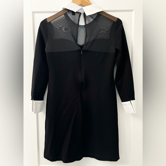 Boston Proper Black Sheer Mesh Panel Dress White Collar Cuffs Size 10 - Picture 6 of 11